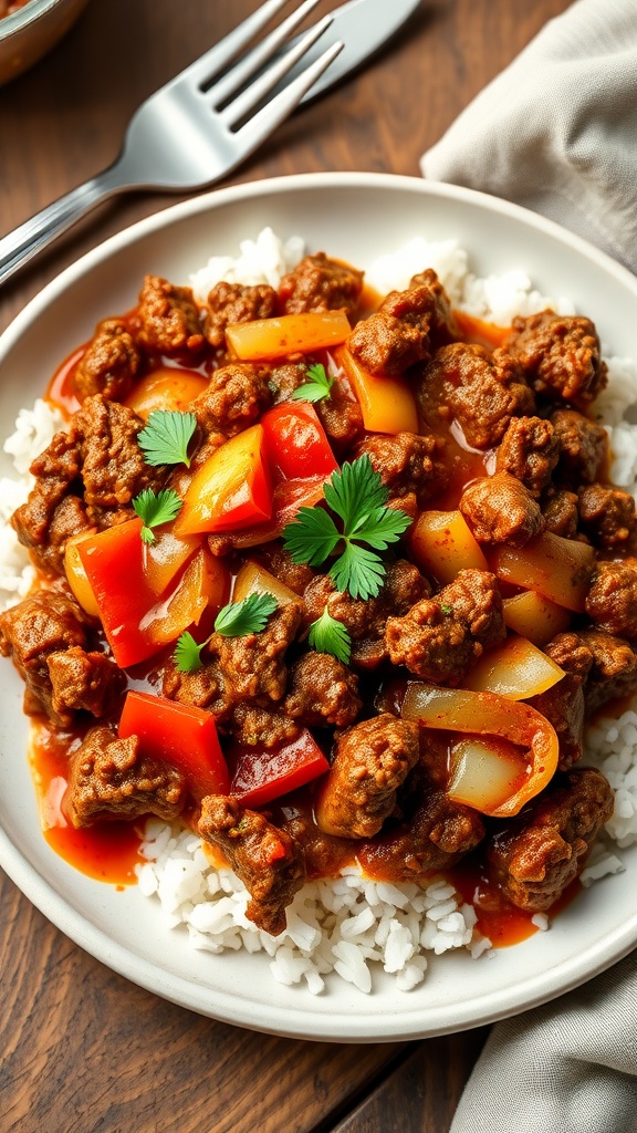 Savory beef mince over rice with bell peppers and onions, garnished with parsley, on a rustic table.